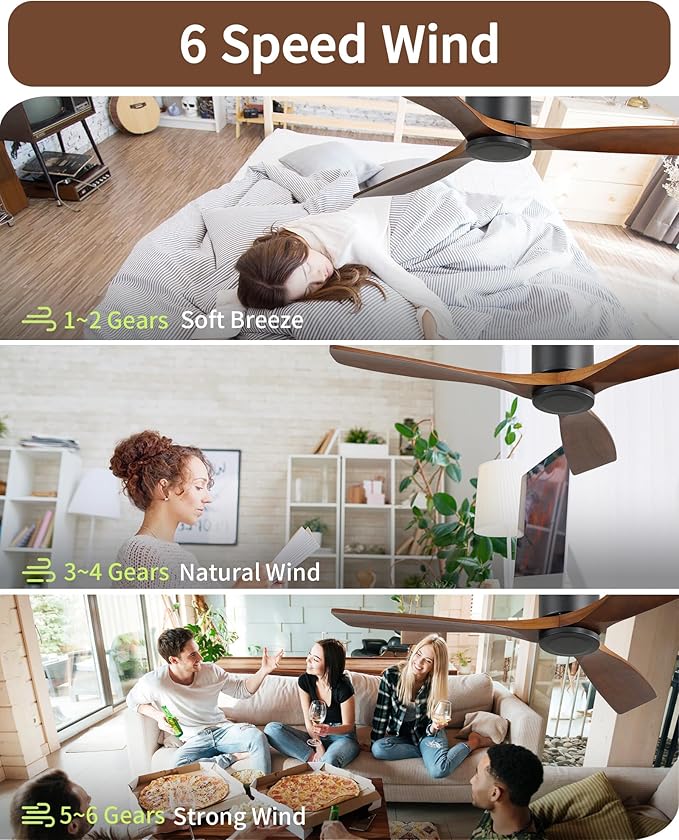 CACI Mall 52 Inch Flush Mount Wood Ceiling Fan without Light,Low Profile,Modern,6 Speed,3 Blades Timer,Remote Control,Quiet Reversible DC Motor for Berdrooms, Livingroom, Patios