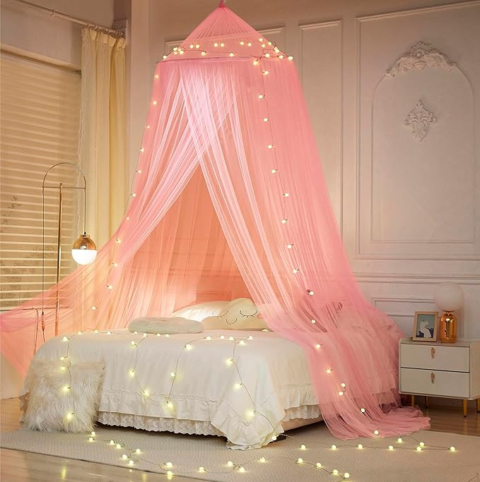 Mengersi Bed Canopy with Lights,Princess Bed Canopy Canopy Bed Curtains for Girls Room,Mosquito Netting Canopy Reading Corners Room Decor for Girls (Pink)
