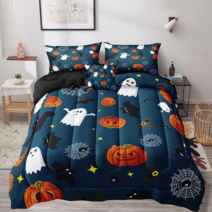 Bedbay Halloween Comforter Set King Size Comforter Set Cartoon Pumpkin Bedding Cute Halloween Bedding King Size Comforter 4 Pcs with 1 Cushion Cover(Blue,King)