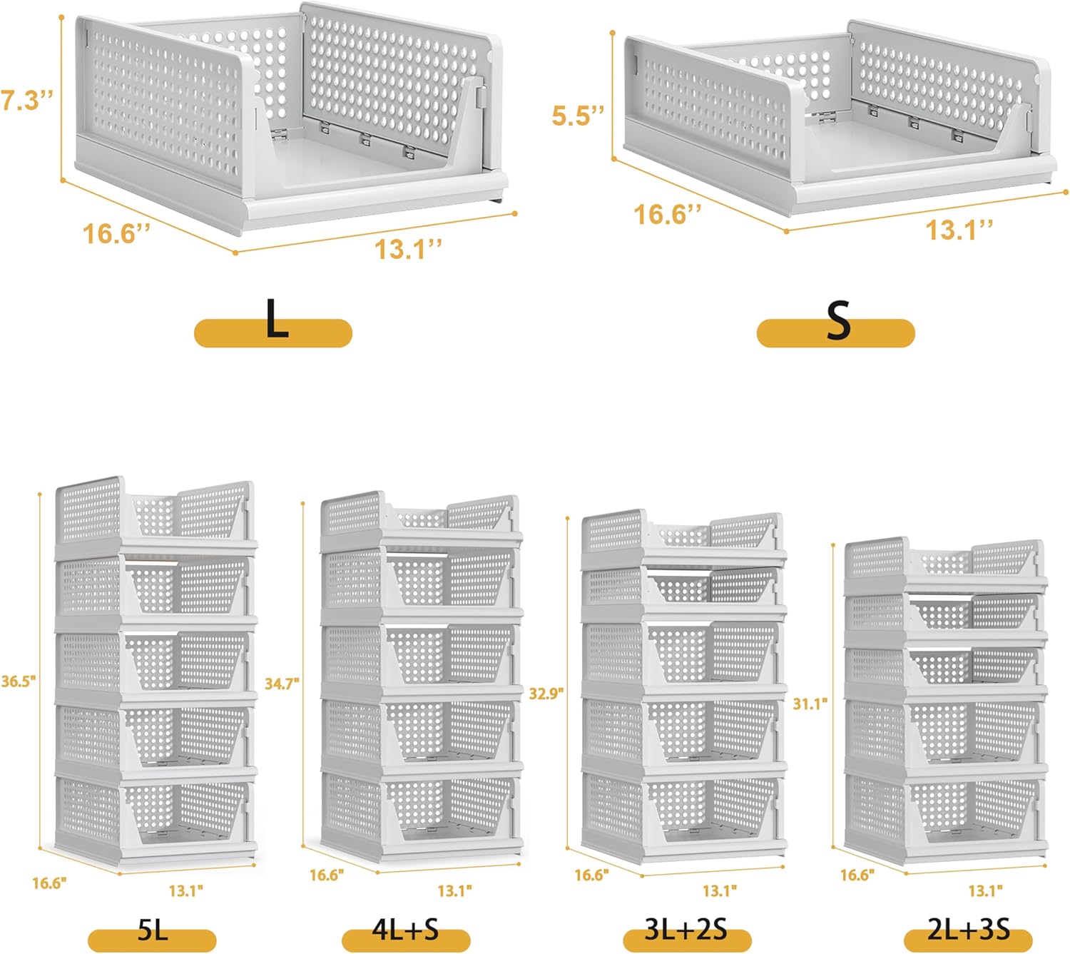 5 Pack Stackable Plastic Storage Basket Closet Organizer Bin Foldable Clothes Organizer Storage Drawer Shelf Container for Living Room Bathroom Kitchen Office (5L)