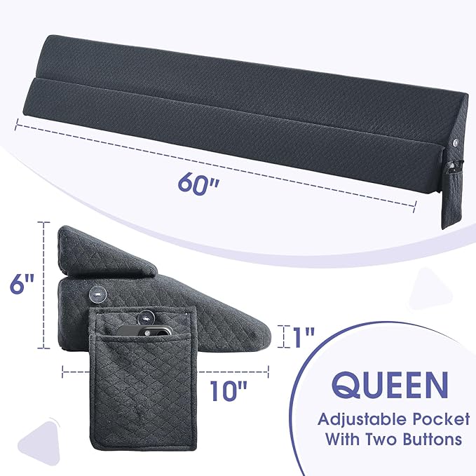 Bed Wedge Pillow for Headboard - Wedge Pillow Headboard Queen (60"x10"x6") - Foldable Bed Gap Filler/Headboard Pillow/Mattress Wedge - Fill Gap (0-8") Between Headboard and Mattress - AshGray
