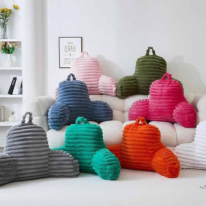 WERDIM Reading Pillow for Sitting in Bed, Faux Fur Back Pillow for Bed Rest, Bed Chair Pillow with Arms and Pockets(Large, Grey)