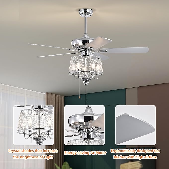 NicBex Ceiling Fan 52 Inch Modern Ceiling Fan with Lights Ceiling Fans with 5 Reversible Blades and Remote Control Ceiling Fan with Crystal Shade for Bedroom, Living Room, Silver