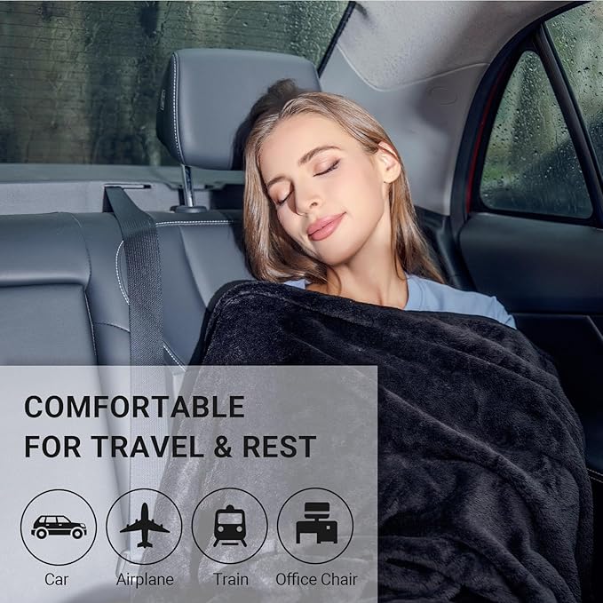 3 in 1 Travel Pillow and Blanket Set, Premium Soft 300 GSM Thick Airplane Blanket Compact with Bag for Long Trips Essentials, Hand Luggage Sleeve and Backpack Clip (Black)