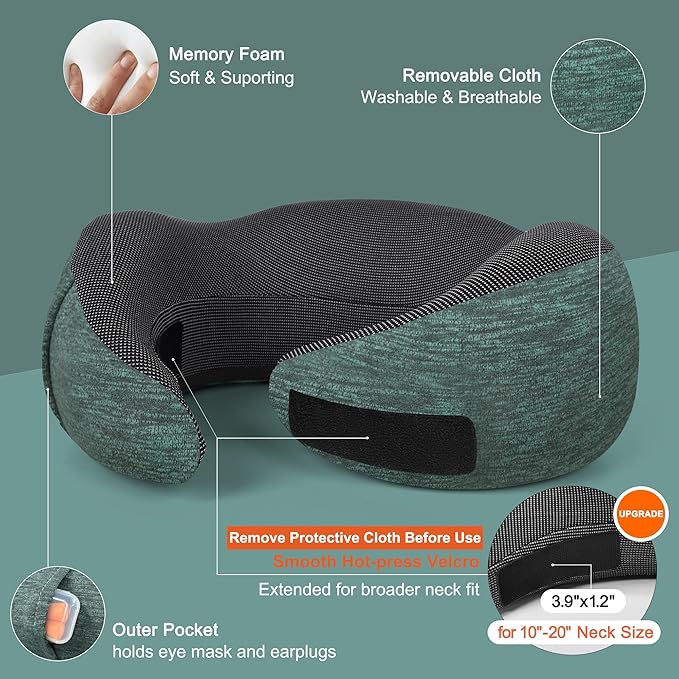 MULIHOMI™ New Packaging Updated Travel Pillow for Airplane with 100% Memory Foam, 360° Adjustable Full Surrounding Flying Neck Pillows, Travel Pillow Set with 3D Eye Masks, Earplugs (Deep Green)