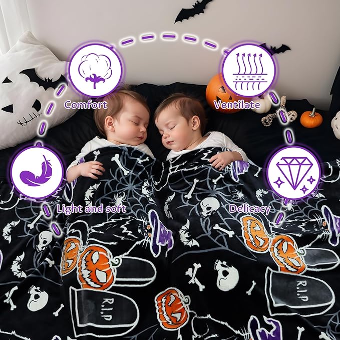 Halloween Throw Blankets Glow in The Dark Blanket Black Cat and Pumpkin Blanket Halloween Decorations Gifts for Women 60"x80"