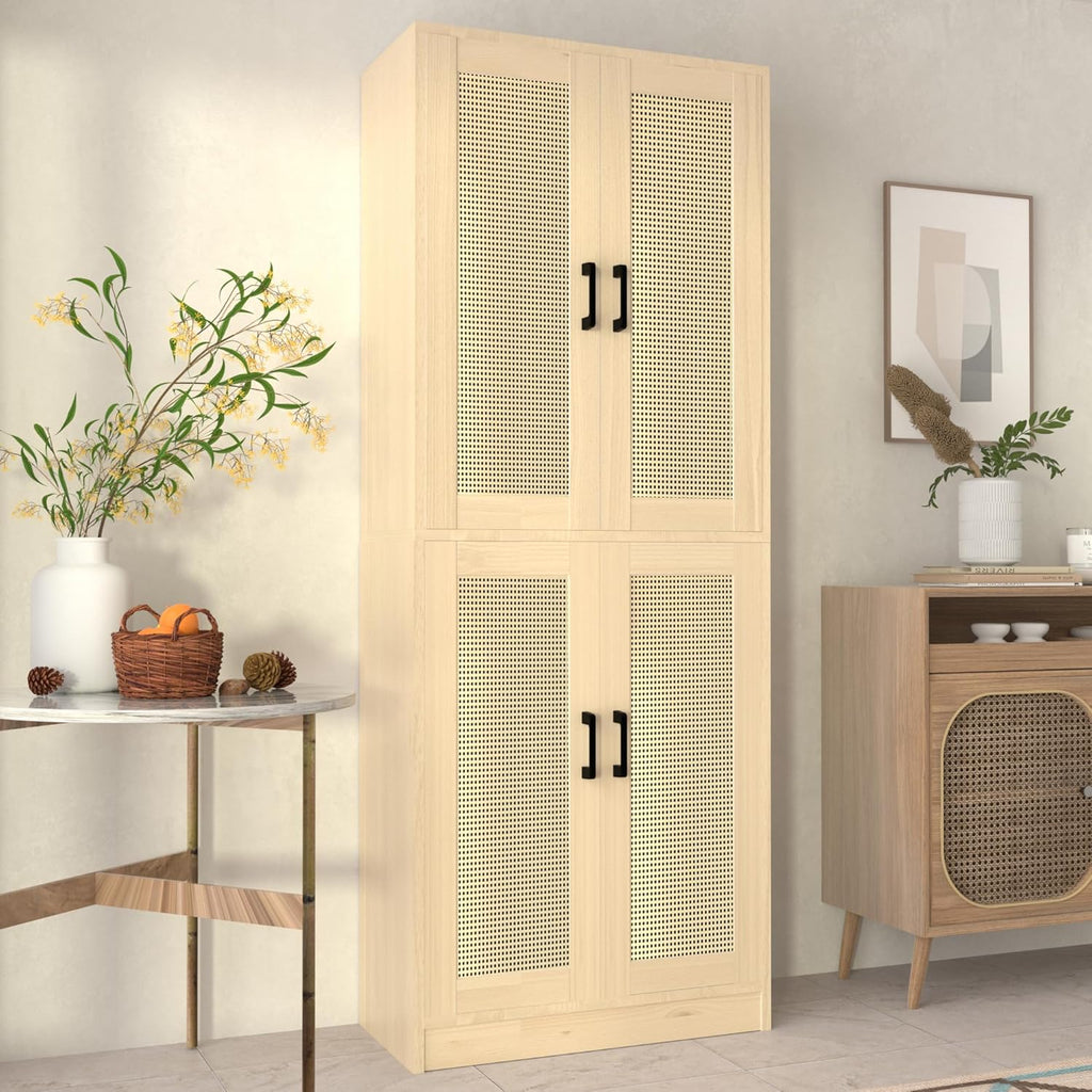 Oak Rattan Kitchen Pantry, 71" Tall Storage Cabinet with Doors, Boho Hutch for Dining Room