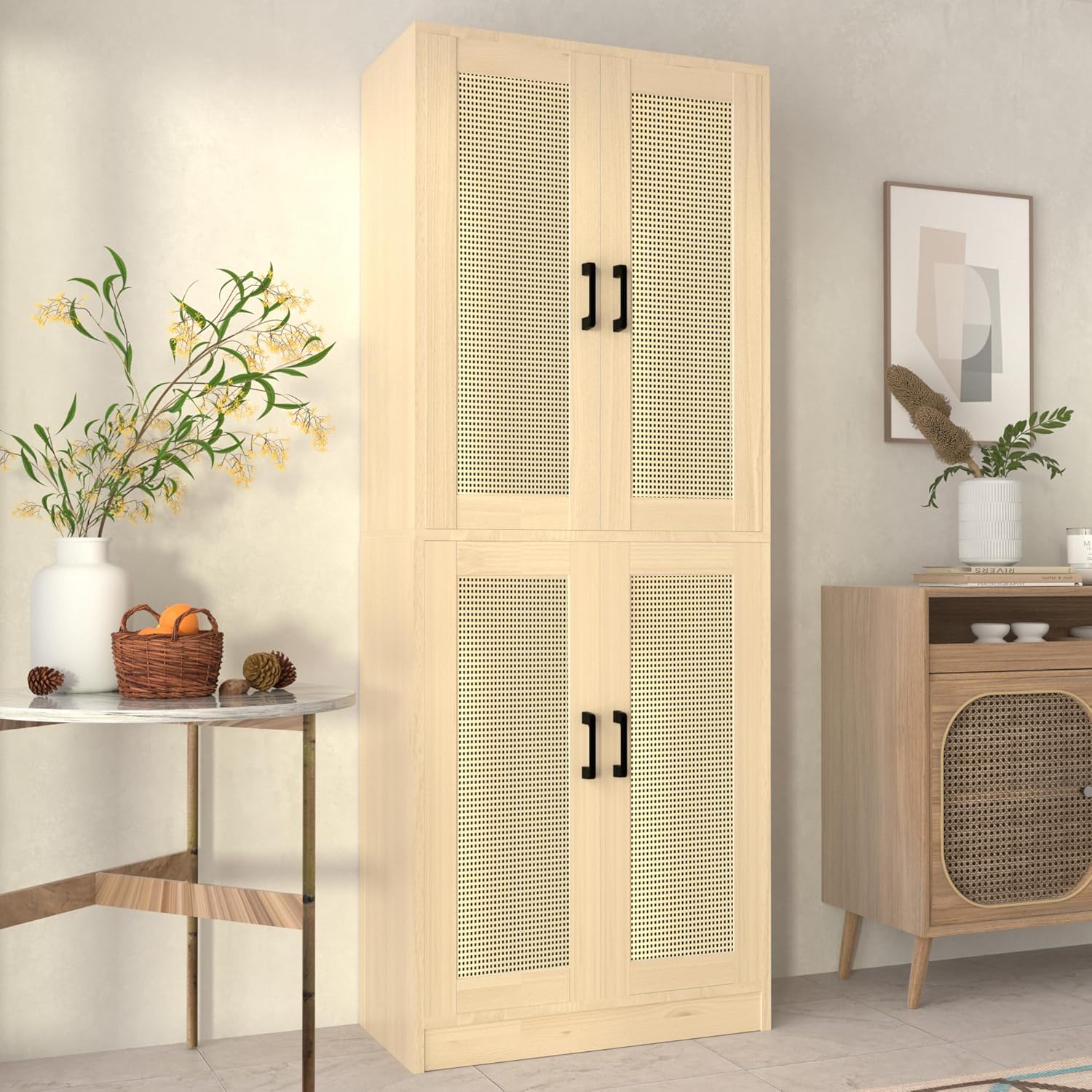 Oak Rattan Kitchen Pantry, 71" Tall Storage Cabinet with Doors, Boho Hutch for Dining Room