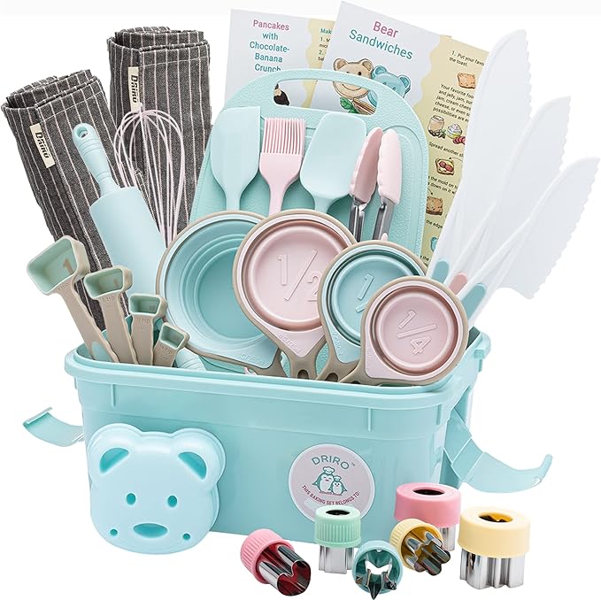 Kids Baking Set Real Cooking Set for Kids , Baking Supplies with Adult and Kid Aprons - Real Tools for Real Cooking Kids Baking Sets for Girls and Boys Kid Cooking Gift Set (Cyan)