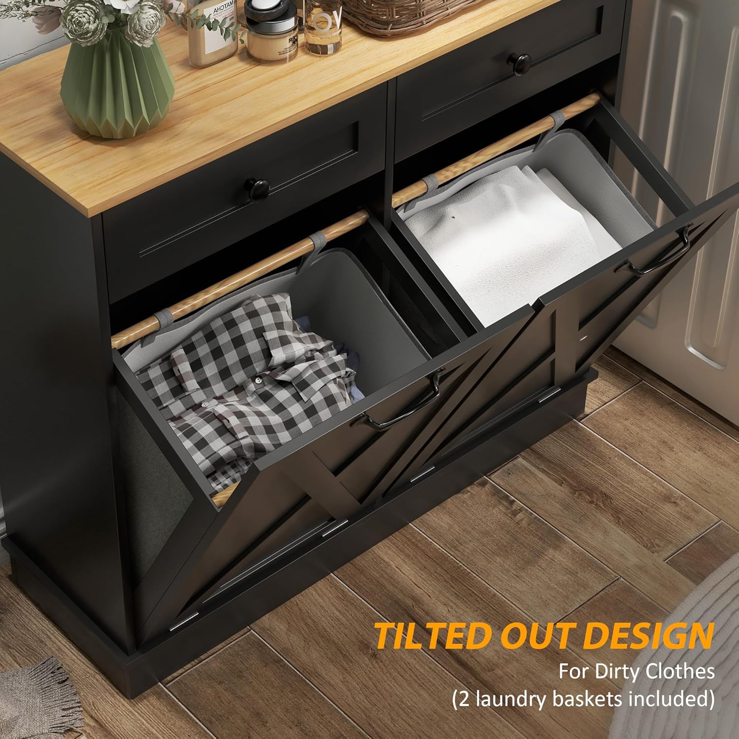 HOMCOM Tilt Out Laundry Hamper Cabinet with 2 Removable Baskets, Freestanding Bathroom Storage Cabinet with 2 Drawers, Trash Can Cabinet for Living Room, Laundry Room, Black