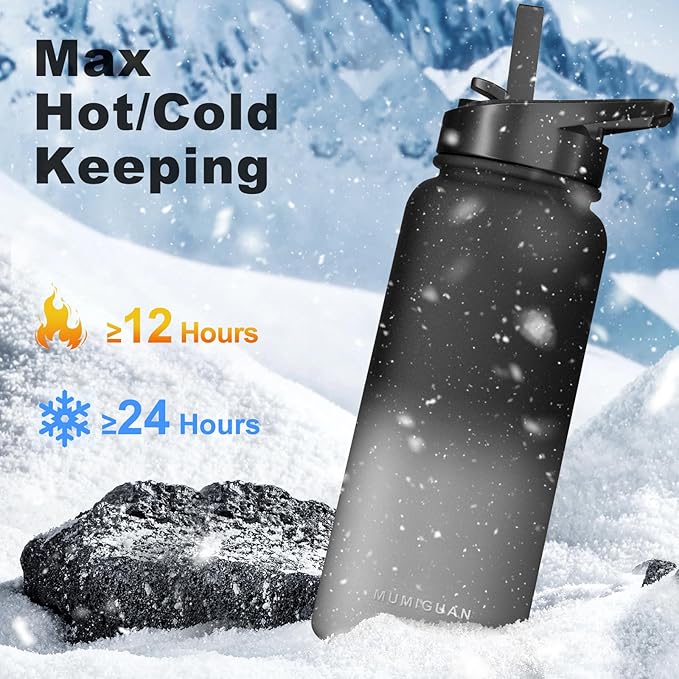 32oz Insulated Water Bottle with 3 Lids(Straw, Hand and Spout Lid), Double Vacuum Stainless Steel Metal Water Flask(BPA-free, CPC) for Sports, Camping, Hiking, Cycling, Fitness and more(Black Grey)