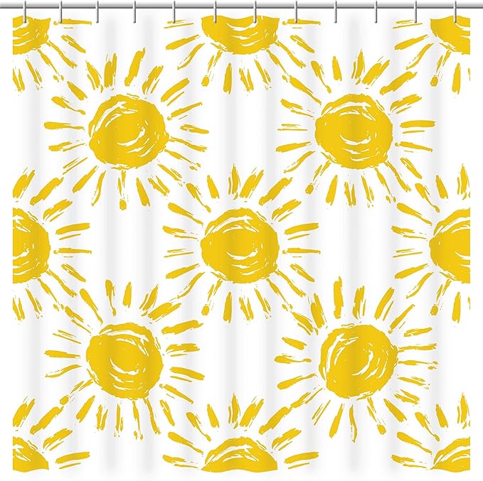 Happy Sun Pattern Shower Curtain. Warm Yellow Sunshine Rays will Instill a Feel of Warmth in your Master, Guest, Children's, College Dorm, Beach House Bathroom.