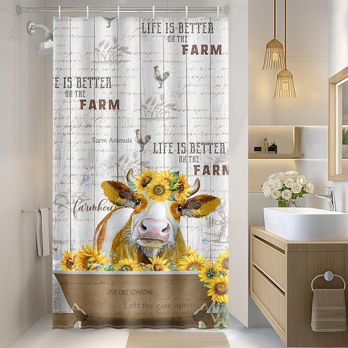 Aimego Stall Small Shower Curtain - Farmhouse Funny Cute Cow Sunflower Rustic Wooden Country Narrow Half Fabric Cloth Shower Curtain Set for Bathroom Decor Accessories Bath Curtain, 36"x72"