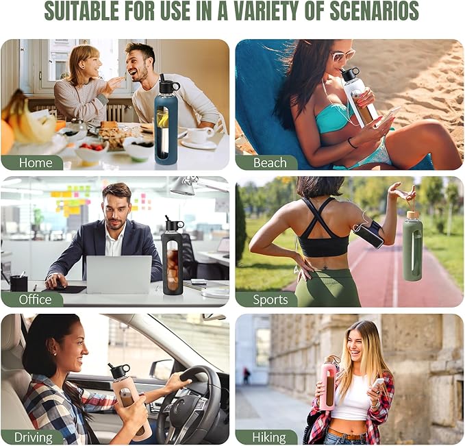 32oz Glass Water Bottle With 2 Lids-Flip Straw Lid, Bamboo Lid, Glass Water Bottle With Silicone Sleeve, Motivational Time Marker, Glass Juice Bottle for Cold Drink,Plive