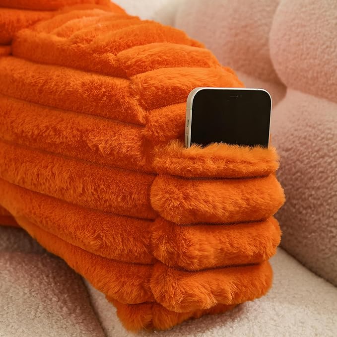 WERDIM Reading Pillow for Sitting in Bed, Faux Fur Back Pillow for Bed Rest, Bed Chair Pillow with Arms and Pockets(Standard, Orange)