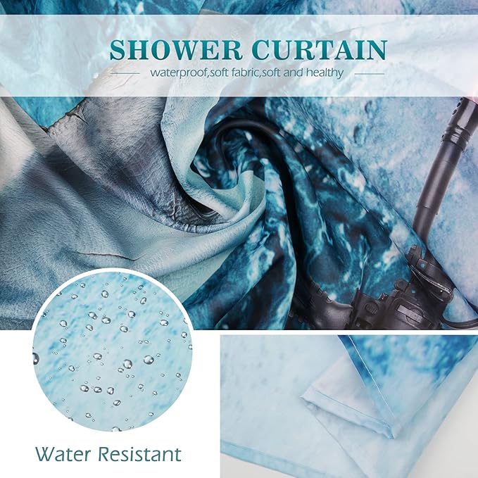 Funny Shark Cat Shower Curtain - Cute Cat Riding Shark in Ocean Fun Shower Curtains Set with 12 Hooks for Adults Bathroom Decor Accessories, 72"x72", Blue Red