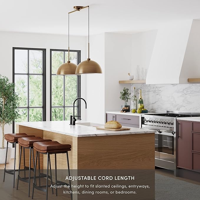 Nathan James Percy Modern 2-Light Pendant Island Light Fixture, Brass Hanging Lights with Gold Metal Shade and Adjustable Cord, for Kitchen, Living Room, Vintage Brass, Set of 2