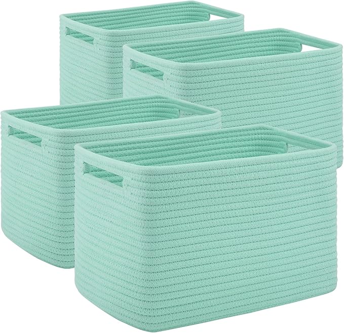 4 Pack Storage Baskets for Organizing Toys, Towels, and Clothes, Woven Basket for Shelves, Durable Nursery Cube Bins for Storage, 13''L x9''W x7.8''H, Green