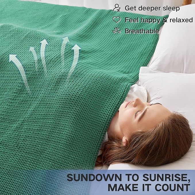 Knitted Weighted Blanket(Green 50"x75" 20lbs),Home Décor Cooling Throw Blanket for Hot Sleepers,Hand Made Chunky Knit Heavy Blanket for Adults Use on Full Size Bed