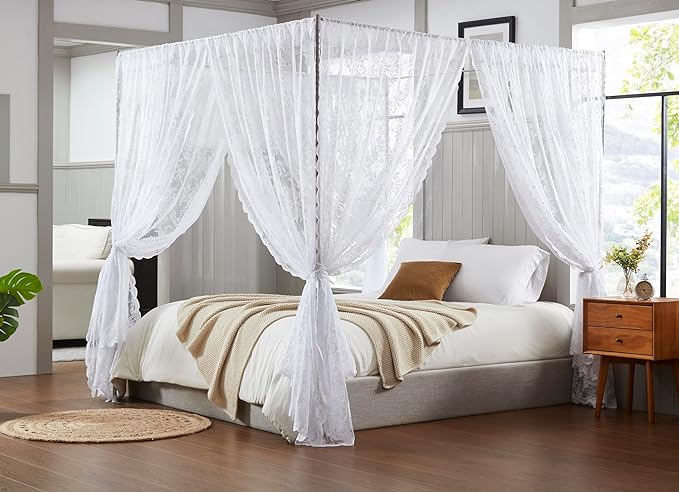 Warm Home Designs Lace Canopy Bed Curtains Set Consists of 8 48" x 78" White Canopy Curtains with Tie-Backs. Queen Canopy Bed Curtains or King Bed Canopy Curtains for Coquette Bedroom Decor. LC White