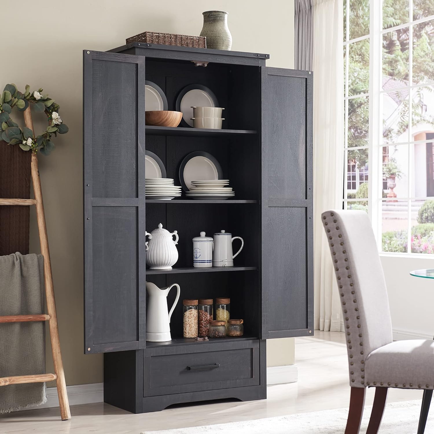 Farmhouse Kitchen Pantry Cabinet - 72" Tall Large Wood Kitchen Storage Cabinets with Adjustable Shelves & 2 Barn Doors & Drawer, Versatile Storage for Dining Room, Bathroom, Living Room, Antique Black