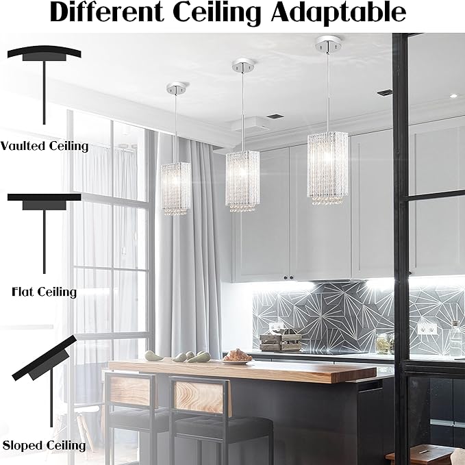 MO&OK 3 Pack Crystal Chandelier Modern Pendent Lights Adjustable Hanging Lighting with Metal Lampshade Rectangle Chandeliers for Kitchen Island Dinningroom,Entrance Living Room H9.8 xD5.2 Chrome