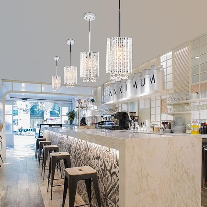 Mini Crystal Pendant Lighting 1 Light Modern Hanging Light Fixtures Small Cylinder Chrome Chandelier for Kitchen Island Dining Room