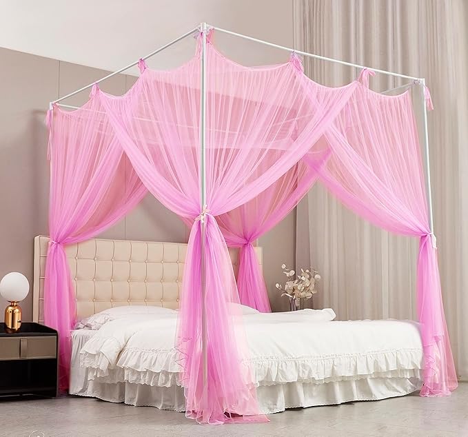 Mengersi Canopy Bed Curtains Bed Canopy with Lights for Girls, Bed Netting Unique Style 4 Door Mosquito Net for Adults Women Bedroom