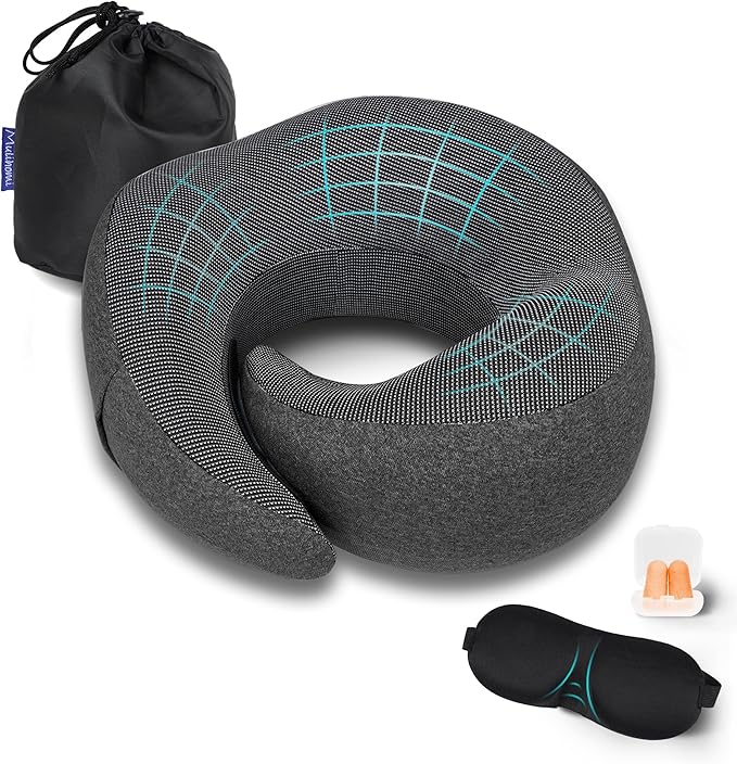MULIHOMI™ Travel Pillow for Airplane with 100% Memory Foam, 360° Adjustable Full Surrounding Flying Neck Pillows, Travel Pillow Set with 3D Eye Masks, Earplugs (Black)