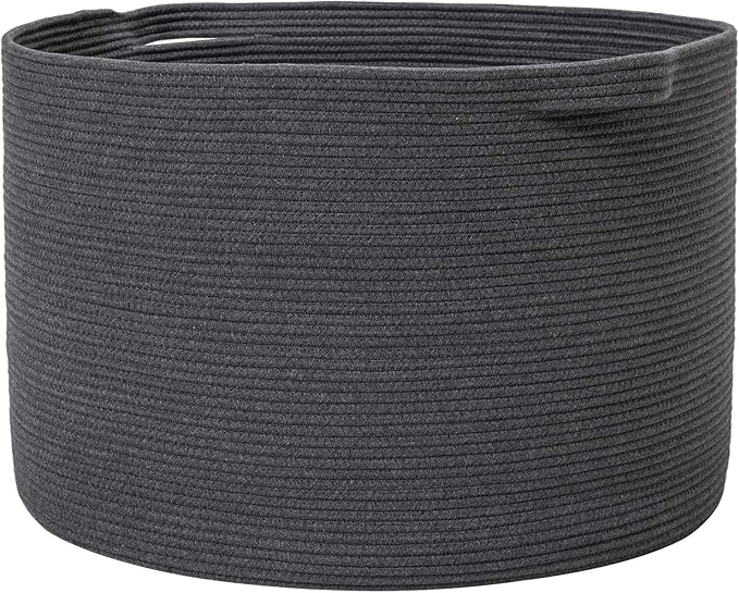 24" x 24" x 17" Max Size Large Cotton Rope Basket, Extra Large Storage Basket, Woven Laundry Hamper, Cloth Storage Bin, for Blankets Clothes Towels Pillows in Living Room, All Dark Grey