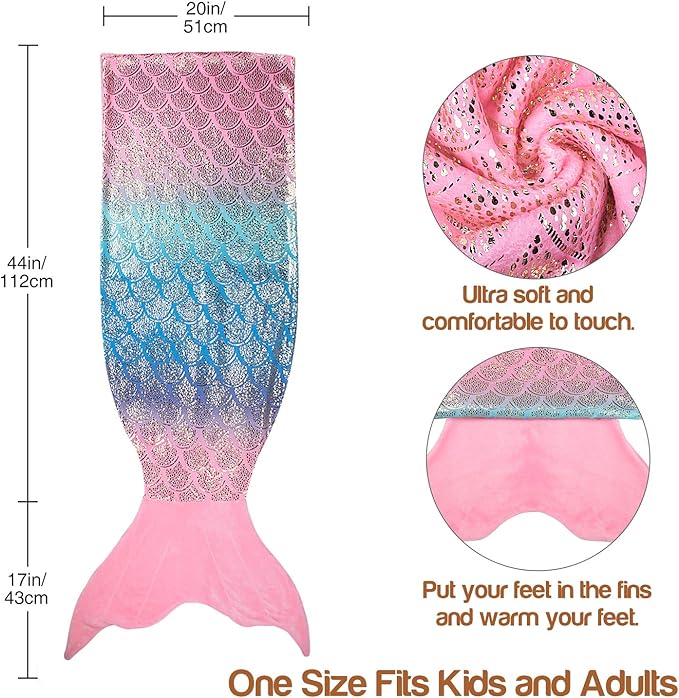 Catalonia Kids Mermaid Tail with Sleep Mask, Super Soft Flannel Sleeping Snuggle Blanket for Girls, Fish Scale Pattern, Birthday Gift for Daughter