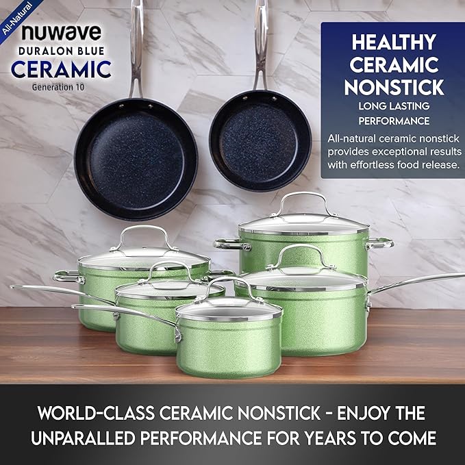 Nuwave Healthy Duralon Blue Ceramic Nonstick Cookware Set, Diamond Infused Scratch-Resistant, PFAS Free, Dishwasher & Oven Safe, Induction Ready & Evenly Heats, Tempered Glass Lids & Stay-Cool Handles