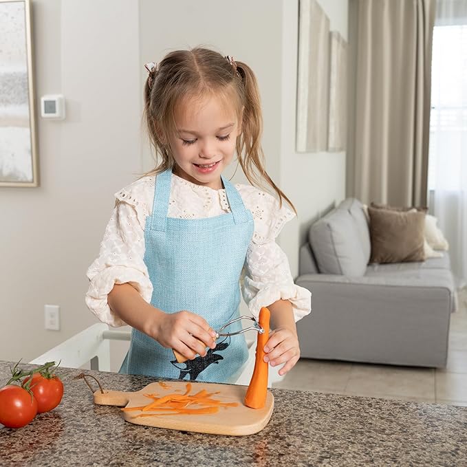 Kids Cooking Sets Real, 6 Piece Wooden Cooking Set for Kids with Montessori Kitchen Tools & Kids Aprons for Cooking, Food Grade Approved, Toddler Kitchen Set with Toddler Apron