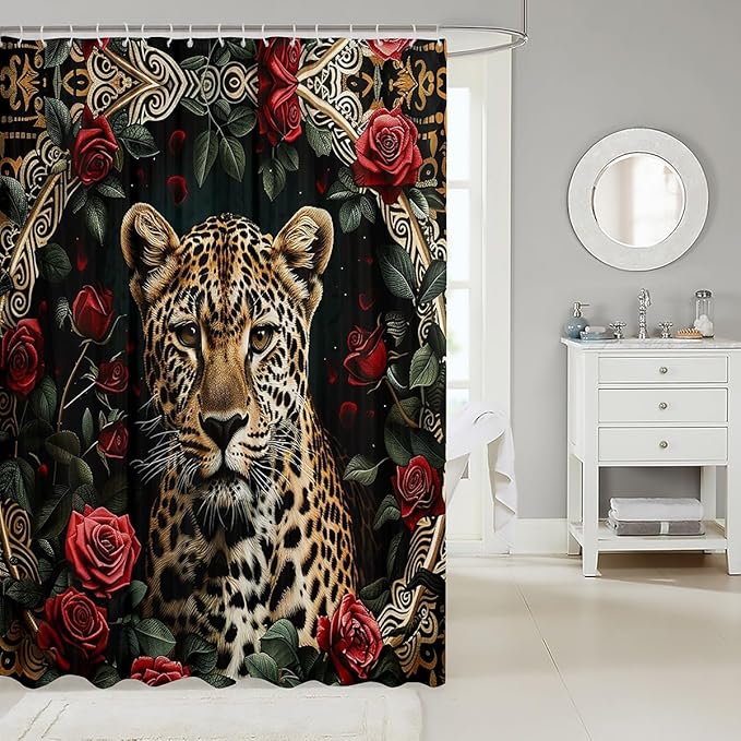 Feelyou Rose Leopard Bathroom Shower Curtain Set Boys Leopard Shower Curtain Leopard Bath Curtain for Kids Boys Girls Wild Leopard Kids Bathroom Accessories Wild Animal 72"x78"