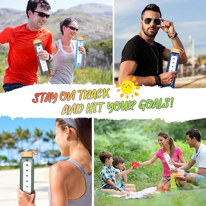 32 Oz Borosilicate Glass Water Bottle with Times to Drink | BPA Free - Reusable Wide Mouth Glass Motivational Water Bottles with Infuser & Silicone Sleeve (black)