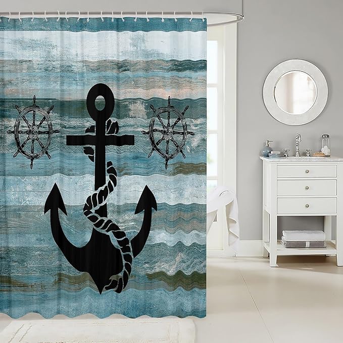 Feelyou Anchor Nautical Shower Curtain Vintage Plank Blue Fabric Shower Curtain Kids Boys Girls Wooden Retro Green Bathroom Waterproof Accessories with 12 Hooks Rustic Farmhouse Curtains,72x72 Inches