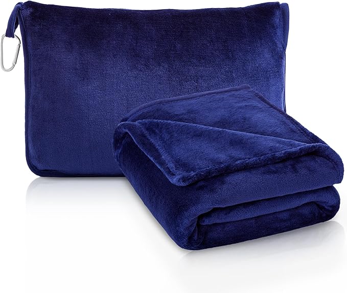 ATsense Travel Blanket Pillow, Premium 2 in 1 Soft Airplane Blanket Compact with Bag Pillowcase, Hand Luggage Sleeve and Backpack Clip - Travel Essentials for Long Trips, Flying and Car, Navy Blue