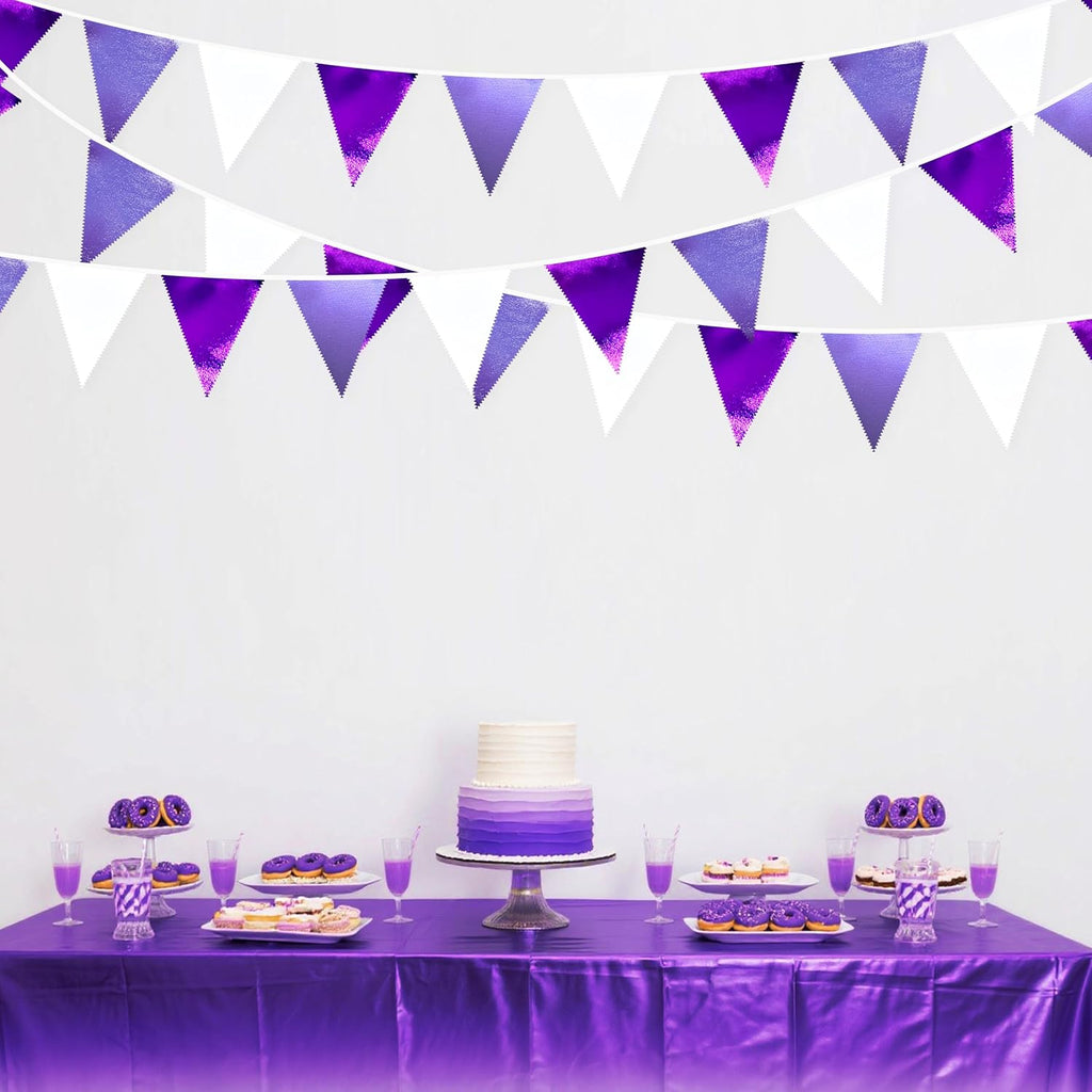 Purple and White Party Decorations Metallic Fabric Ombre Purple White Triangle Pennant Banner Flag Bunting for Graduation Birthday Engagement Wedding Bachelorette Lavender Lilac Violet Party Supplies