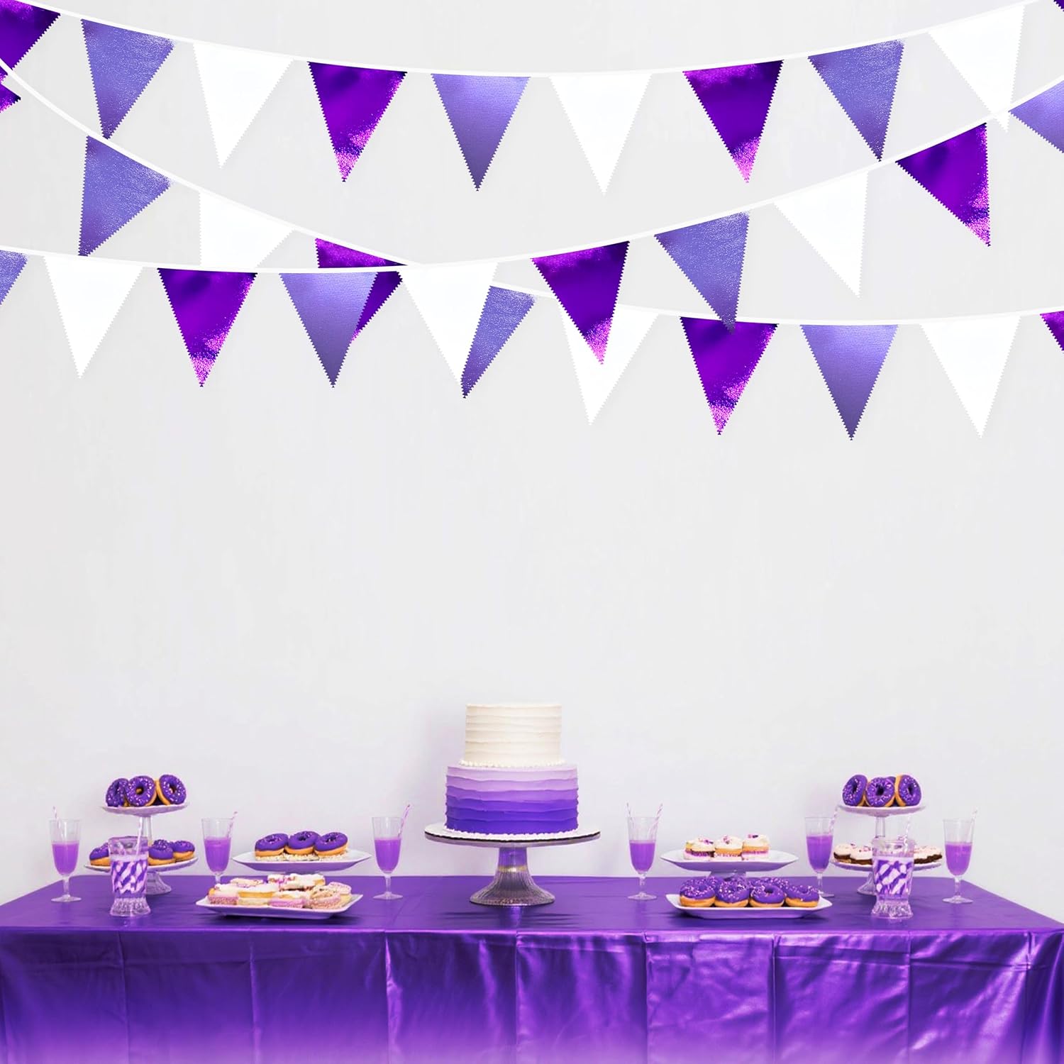 Purple and White Party Decorations Metallic Fabric Ombre Purple White Triangle Pennant Banner Flag Bunting for Graduation Birthday Engagement Wedding Bachelorette Lavender Lilac Violet Party Supplies