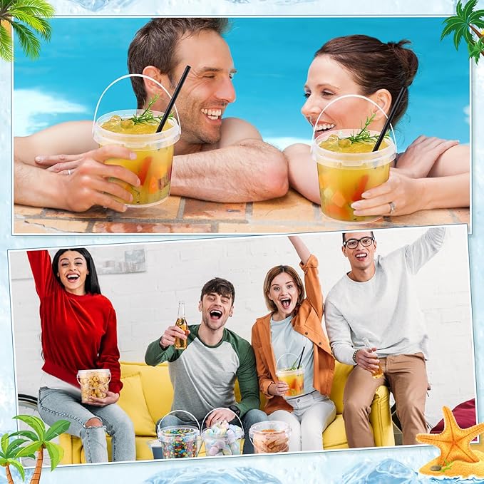 24 Pcs Ice Cream Bucket Clear Plastic Bucket with Lids and Straws Drinks Containers Plastic Food Storage Pail for Summer Cold Drink Beach Parties