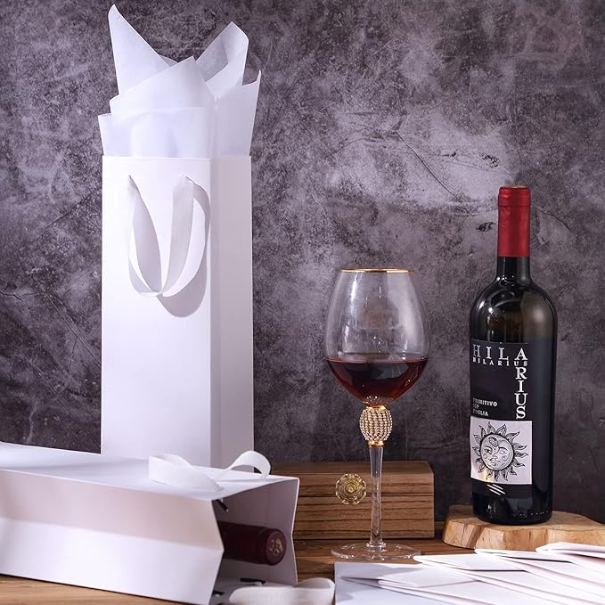 24 Pieces Christmas Kraft Wine Bag Paper Wine Bag, Wine Bottle Bag Holder with Handles with Kraft Tissue Paper Retail Wine Bag Bulk for Wedding Party, 4 x 3.5 x 14 Inch(White)
