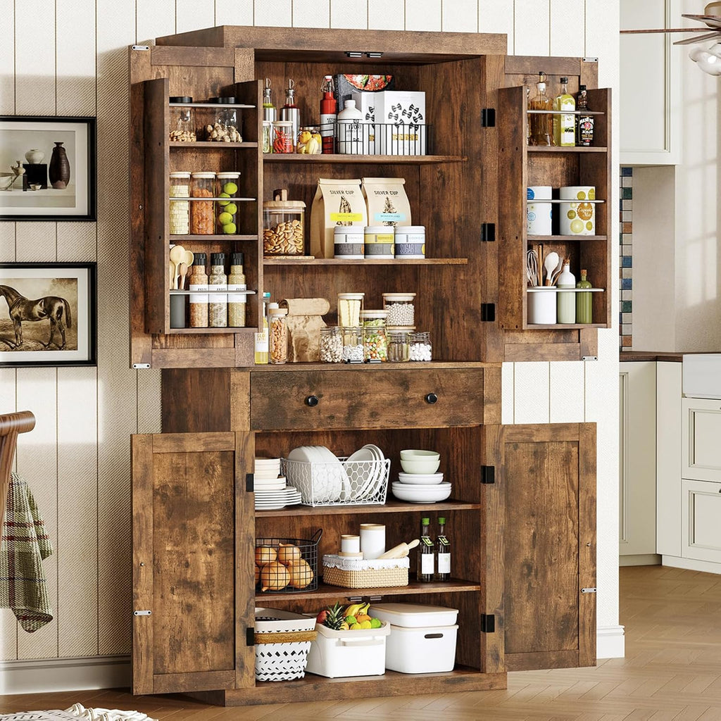 usikey 72” Kitchen Pantry Cabinet, Tall Storage Cabinet with 4 Doors and 1 Drawer, Freestanding Cupboard with 6 Hanging Shelves and Adjustable Shelves for Kitchen, Living Room, Rustic Brown