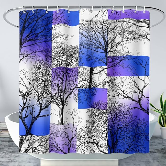 AILONEN Blue and White Tree Abstract Shower Curtain,Minimalist Printed Plant Tree Arts Bath Curtain,Modern Boho Waterproof Curtain for Bathroom Decor, 72" W x 84" H