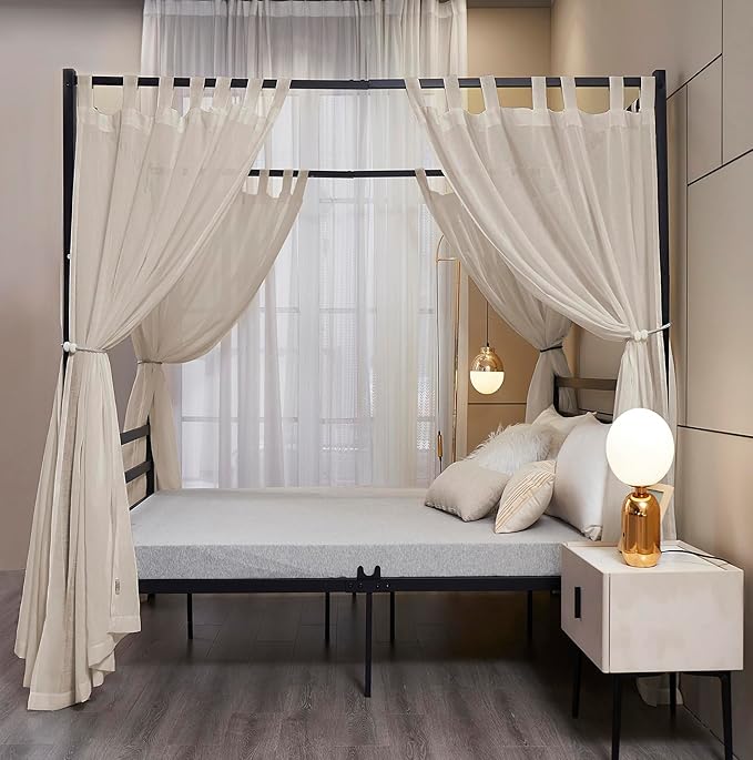 Mengersi Linen Canopy Bed Curtains for Twin,Full,Queen and King Size Bed,Bed Canopy Natural Blended Curtain Panels, 8 Panels Set (All Bed Sizes, Linen)