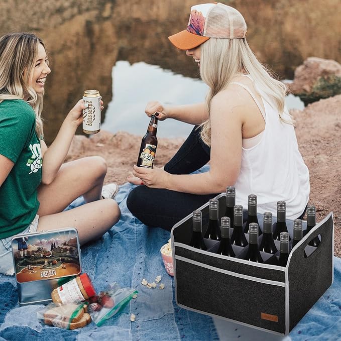 12 Bottle Wine Carrier, Thicken Felt Wine Carry Case Collapsible Wine Bottle Storage Box Liquor Bottle Tote with Handles for Travel, Party, Picnic (Dark Gray)