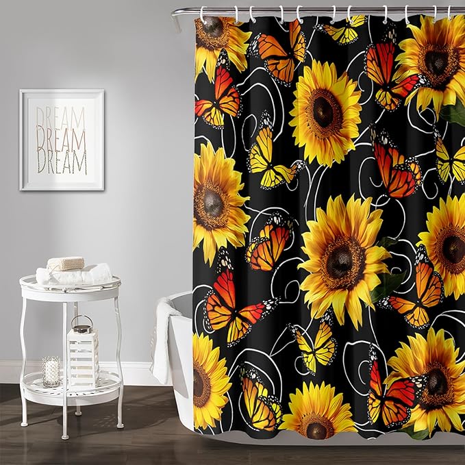 AILONEN Yellow Sunflower and Butterfly Shower Curtain,Garden Flower Black Bath Curtain,Modern Botanical Floral Waterproof Shower Curtain, 60" W x 72" H