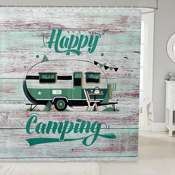 Feelyou Camper Shower Curtain Camping Bathroom Shower Curtain Set Happy Camping Bath Curtain for Kids Boys Girls Cartoon Camping Kids Bathroom Accessories 72"x72"