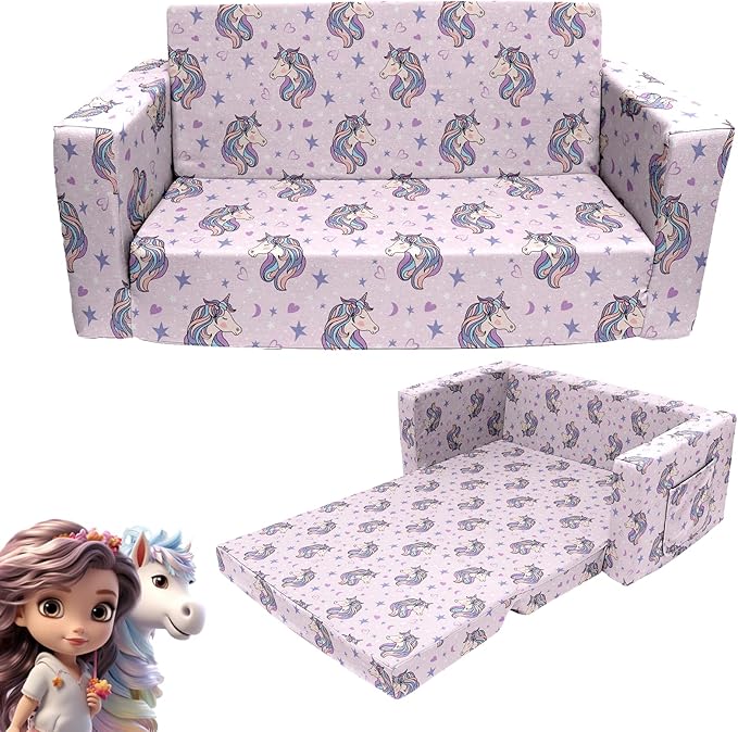 2 Seats Convertible Sofa, Extra Soft Polyester Kids Sofa with Folding Sleeper & Cute Dinosaur Print, Machine Washable, for Girls & Boys