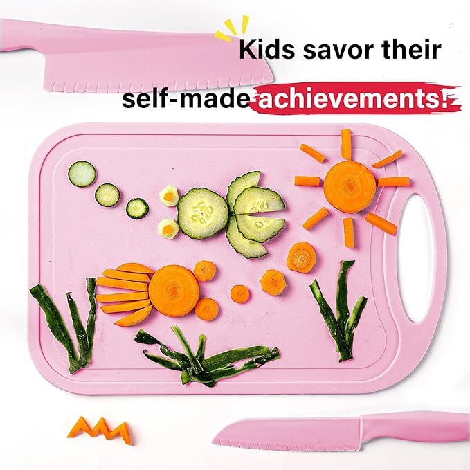 TJ POP Kids Knives for real cooking, Safe Knives Set 6 Pcs for Children, Kids' Baking Supplies with Cutting Board & Dishes, Toddler Knife Good Soft Grips, BPA-Free (Pink)