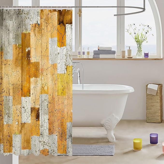 Feelyou Kids Geometric Orange Bathroom Shower Curtain Set Geometry Bath Curtain Boys Girls Stripe Line Shower Curtain Modern Art Teens Bathroom Accessories Room Decor 72"x78"